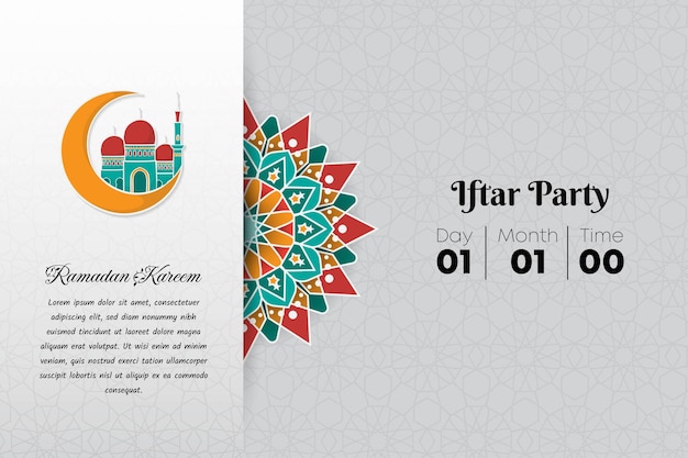 Diseño de fondo blanco para la fiesta iftar del mes de ramadán con un colorido diseño de mandala