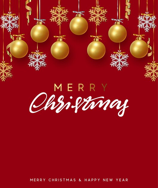 Diseño de fondo de bolas de oro de Navidad y adornos con copos de nieve plateados brillantes dorados colgando de la cinta. Plantilla decorativa festiva. Feliz navidad y próspero año nuevo. ilustración vectorial