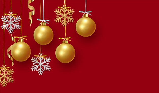 Diseño de fondo de bolas de oro de Navidad y adornos con copos de nieve plateados brillantes dorados colgando de la cinta. Plantilla decorativa festiva. Feliz navidad y próspero año nuevo. ilustración vectorial