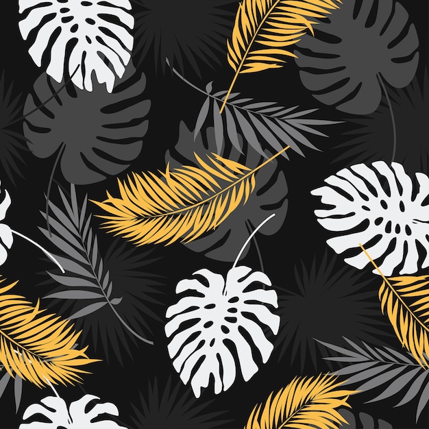 Diseño de fondo botánico exótico. patrón vectorial sin costuras con hojas tropicales doradas y negras sobre un fondo oscuro.