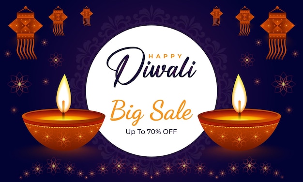 Diseño de fondo de cartel de gran venta de happy diwali con diya