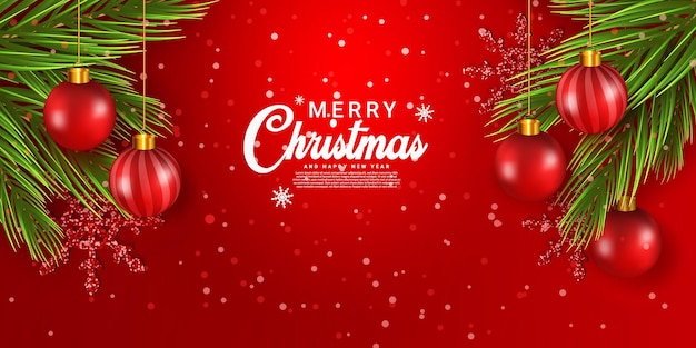 Diseño de fondo de celebración de vacaciones de Feliz Navidad de color rojo realista con caja de regalos de bola de Navidad
