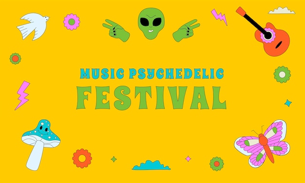 Diseño de fondo colorido para un festival psicodélico musical ilustrado con figuras delineadas locas
