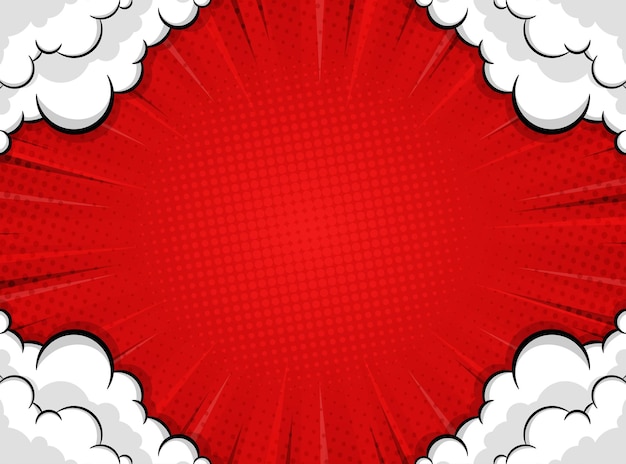 Diseño de fondo cómico en rojo con decoración de nubes