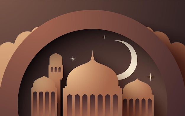 Diseño de fondo de corte de papel de ramadán islámico con nube de mezquita y luna
