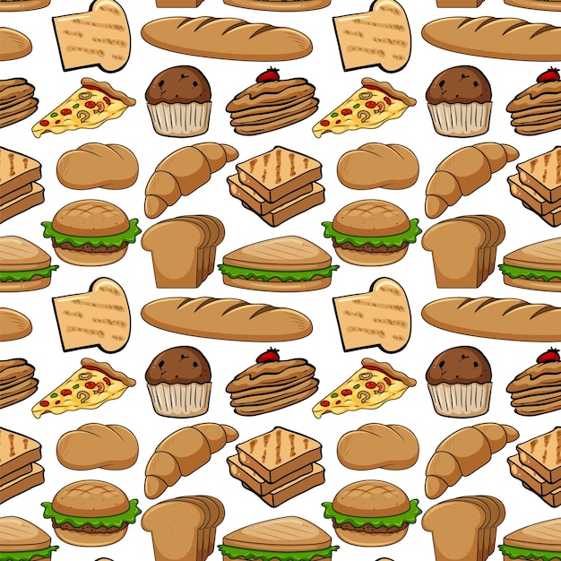 Diseño de fondo sin costuras con productos de panadería.