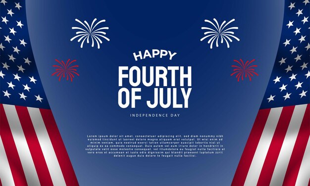 Diseño de fondo del Día de la Independencia del 4 de julio con fuegos artificiales e ilustración de bandera ondeando en fondo azul