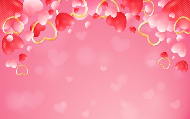 Diseño de fondo para el Día de San Valentín con formas flotantes de corazón rosado rojo y dorado en 3D