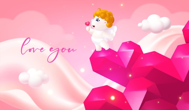 Diseño de fondo del día de San Valentín de pie en el corazón de Cupido