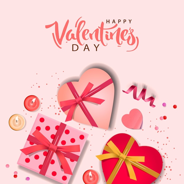 El diseño de fondo del estandarte del día de San Valentín de la caja de regalos realista con confeti en forma de corazón y