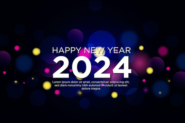 Diseño de fondo de feliz año nuevo con números blancos de 2024 en un hermoso fondo bokeh
