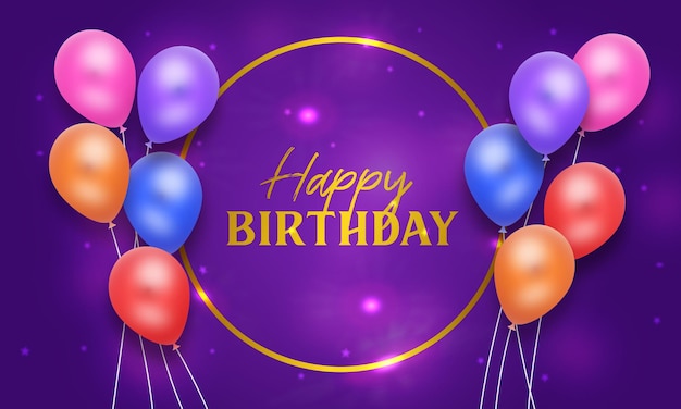 Diseño de fondo de feliz cumpleaños realista con color morado y globos