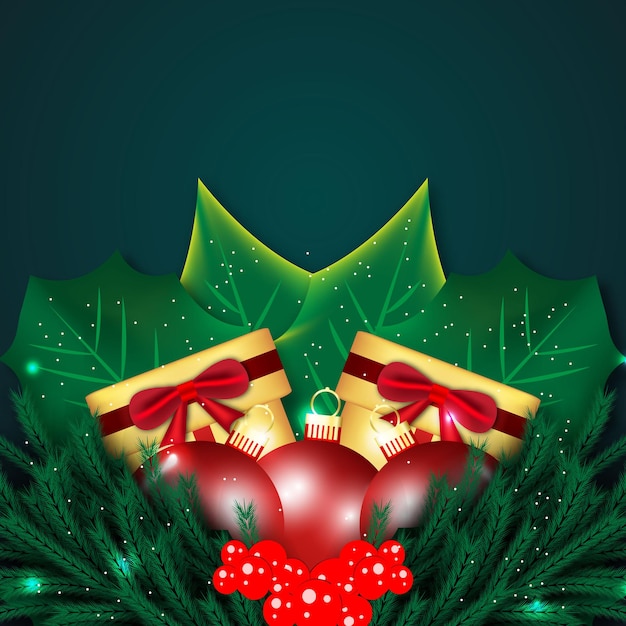 Vector diseño de fondo de feliz navidad realista hoja de pino verde con bola azul roja