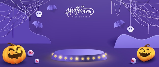 Diseño de fondo de halloween con exhibición de productos y elementos festivos de halloween.