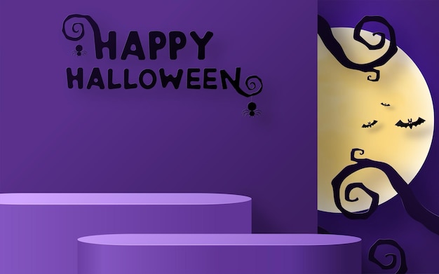 Diseño de fondo de Halloween con podio 3d redondo, escenario de caja cuadrada, fantasma de podio, calabaza, murciélago, lámpara, lápida, luna, noche, espeluznante, lápida y elementos de arte de corte de papel estilo artesanal en el fondo.