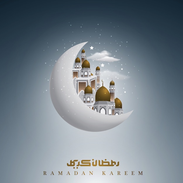 Diseño de fondo islámico de saludo de Ramadán Kareem con mezquita, luna y caligrafía árabe