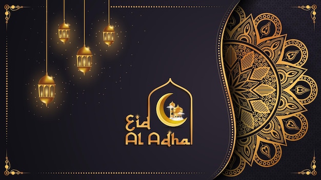 Diseño de fondo de mandala de lujo eid al adha mubarak vector premium