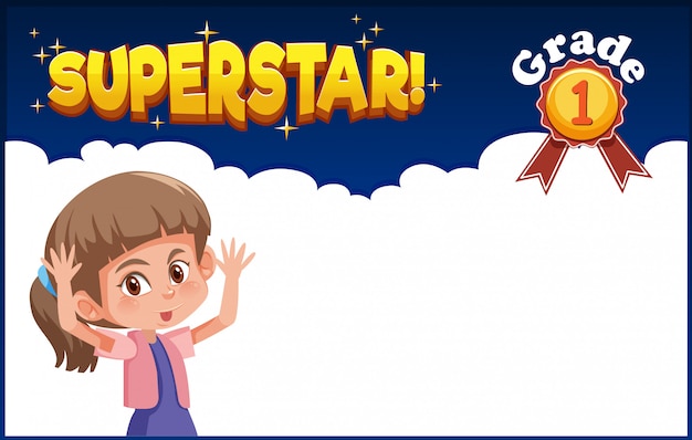 Diseño de fondo con niña feliz y superestrella de la palabra