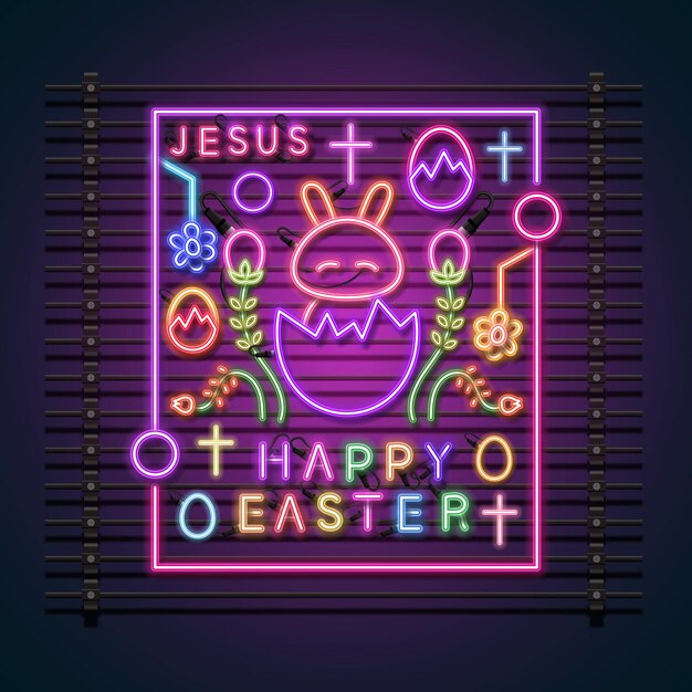 Diseño de fondo de Pascua Diseño de neón de conejo feliz