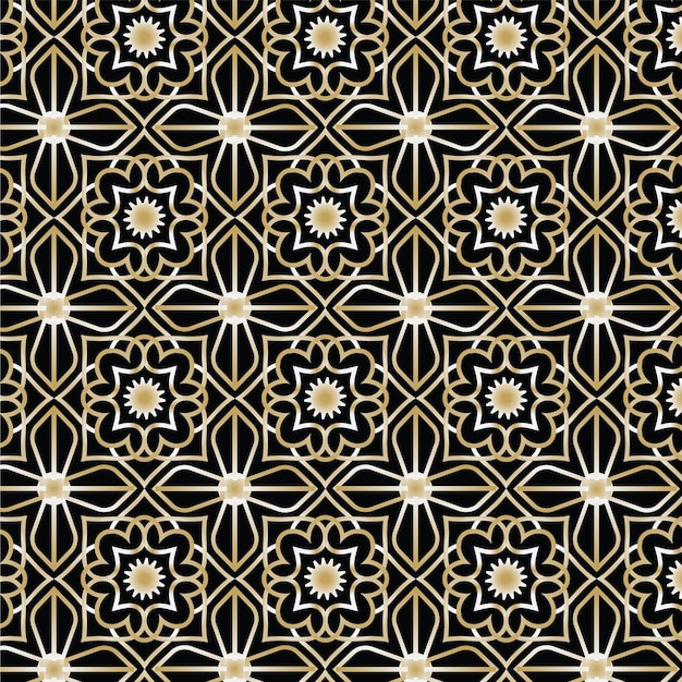 Diseño de fondo de patrón cubierta de camiseta de edredón azulejos de color vectorial negro y dorado alfombra sin costuras