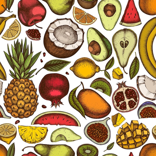 Diseño de fondo de patrones sin fisuras de frutas estilo grabado plátanos dibujados a mano peras kiwi, etc.