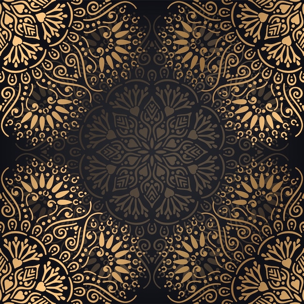 Diseño de fondo de patrones sin fisuras mandala en color negro y dorado