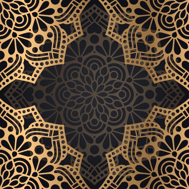 Diseño de fondo de patrones sin fisuras Mandala en color negro y dorado
