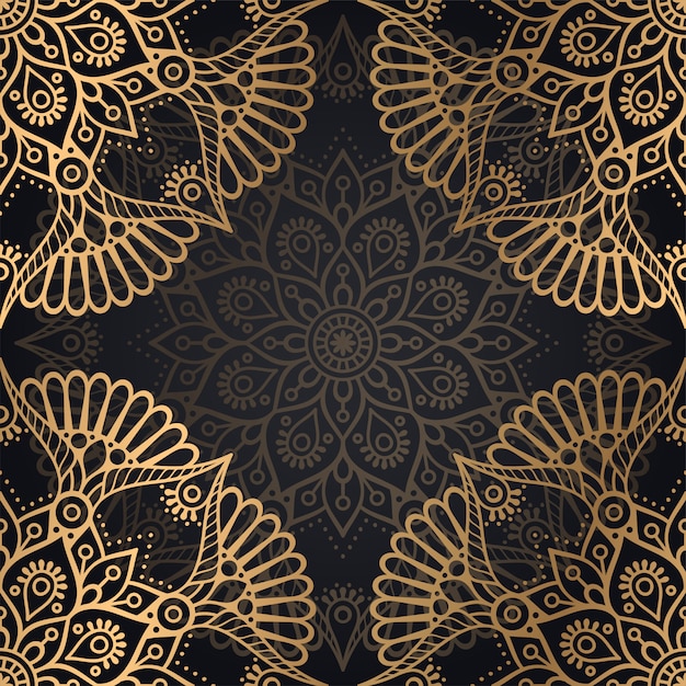 Diseño de fondo de patrones sin fisuras Mandala en color negro y dorado