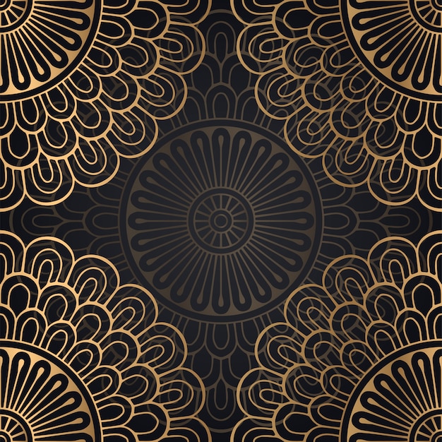 Diseño de fondo de patrones sin fisuras mandala en color negro y dorado