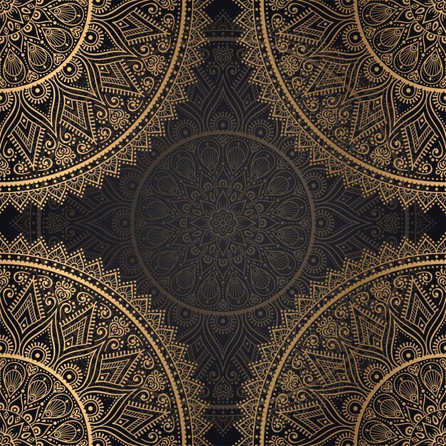 Diseño de fondo de patrones sin fisuras Mandala en color negro y dorado