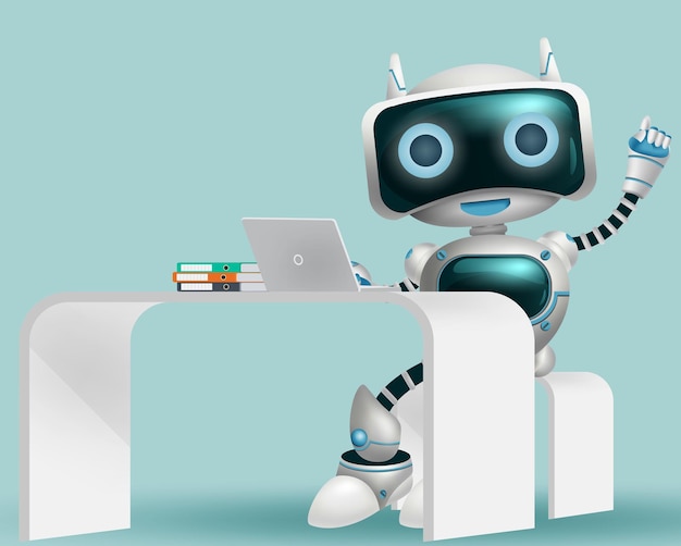 Diseño de fondo de personaje de información de robot 3d Asistente de mesa de ayuda robótica personaje sentado