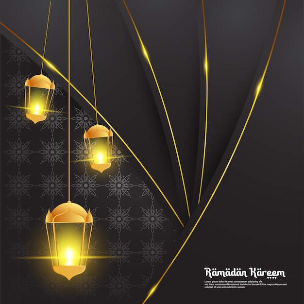Diseño de fondo de ramadán con elementos de linterna y un fondo de una combinación de colores dorado y negro adecuado para fondos, carteles, promociones, portadas de publicaciones en redes sociales y otros