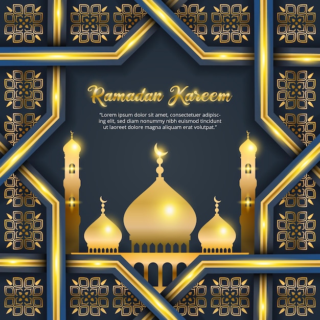 Diseño de fondo de ramadan kareem con mezquita dorada brillante y decoraciones