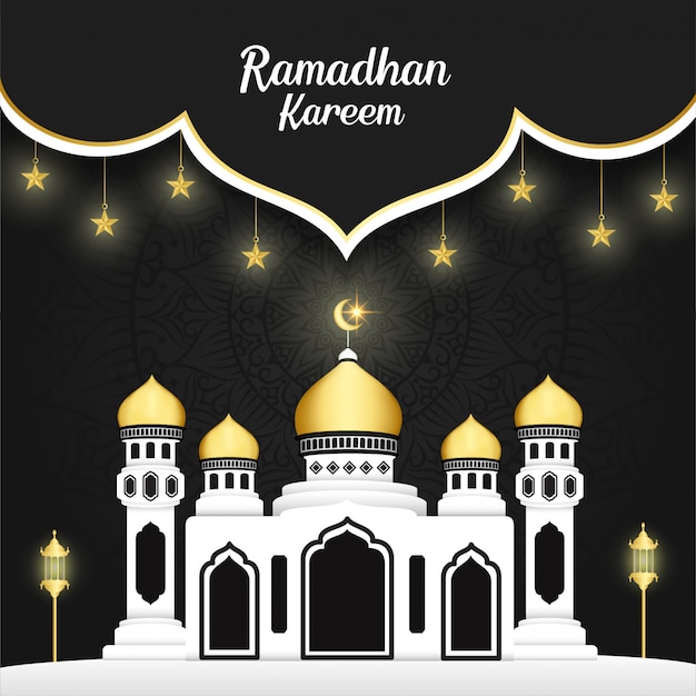 Diseño de fondo ramadhan kareem con edificio, mandala y estrellas brillantes
