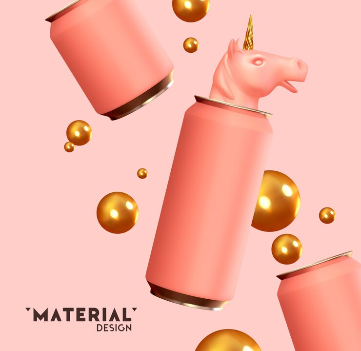 Vector diseño de fondo realista con lata de hierro de aluminio rosa, cabeza de unicornio. composición abstracta para presentaciones publicitarias, marca de bebidas alcohólicas, gaseosas, bebidas energéticas de té. objeto ilustración vectorial 3d