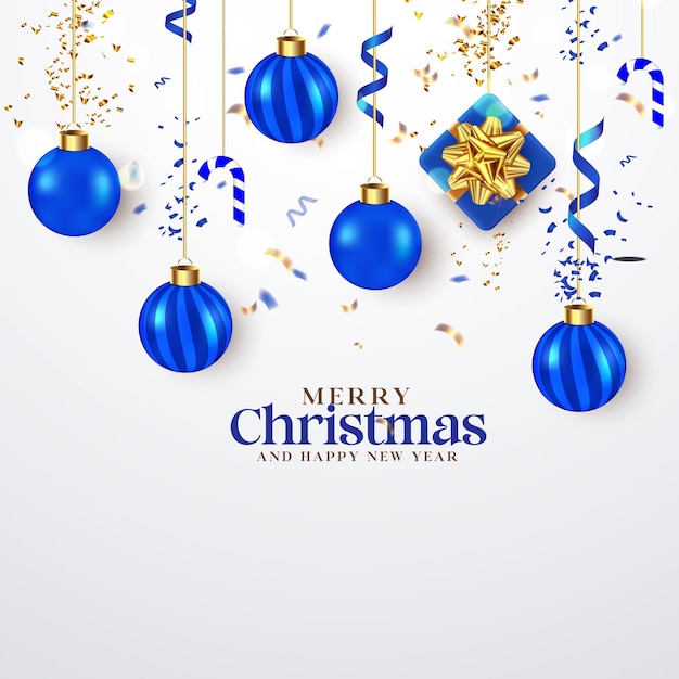 Diseño de fondo realista de Navidad con color azul caja de regalos de bola colgante de Navidad nieve y cinta