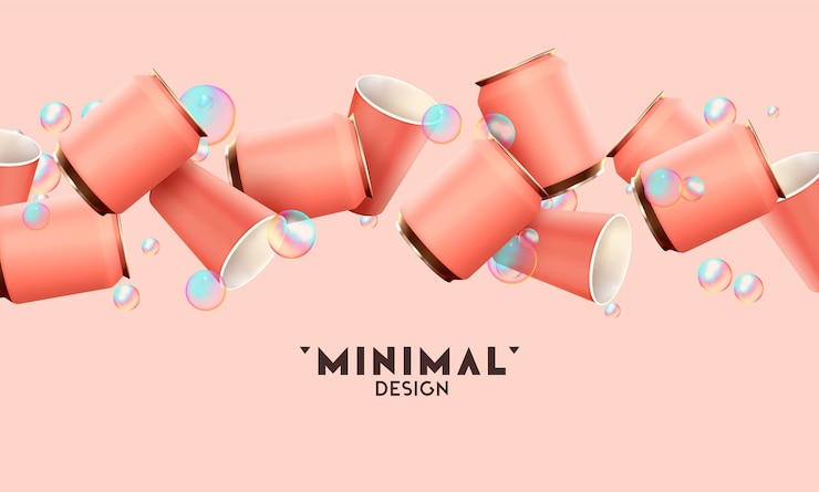 Vector diseño de fondo realista con tazas de papel y latas de hierro de aluminio. composición abstracta para presentaciones publicitarias, marca de bebidas alcohólicas y gaseosas, bebidas energéticas de té. ilustración vectorial 3d de objetos