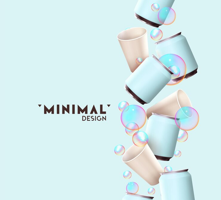 Vector diseño de fondo realista con tazas de papel y latas de hierro de aluminio. composición abstracta para presentaciones publicitarias, marca de bebidas alcohólicas y gaseosas, bebidas energéticas de té. ilustración vectorial 3d de objetos