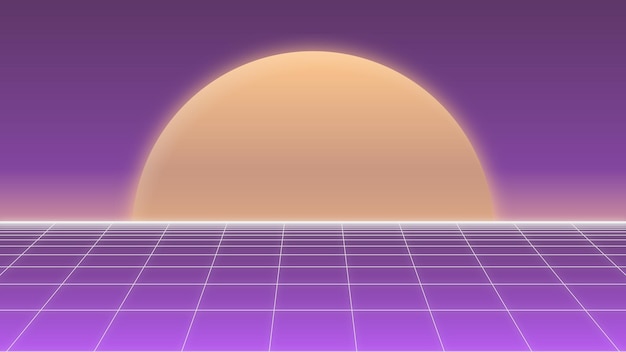 Diseño de fondo de tema retro con sol llameante y cielo degradado púrpura