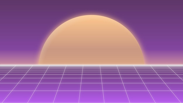 Diseño de fondo de tema retro con sol llameante y cielo degradado púrpura