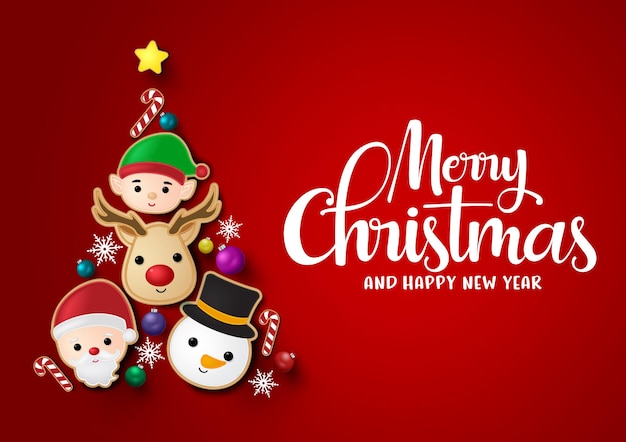 Diseño de fondo de vector de árbol de Navidad Merry chistmas y tipografía de saludo de feliz año ne