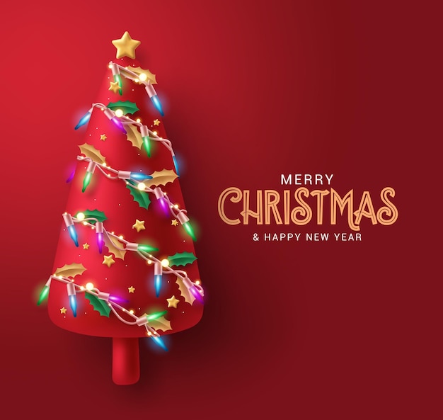 Diseño de fondo de vector de árbol de Navidad. Texto de saludo de feliz navidad con luces brillantes en rojo