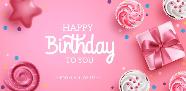Diseño de fondo de vector de felicitación de cumpleaños. Texto de feliz cumpleaños en fondo rosa con lindo.