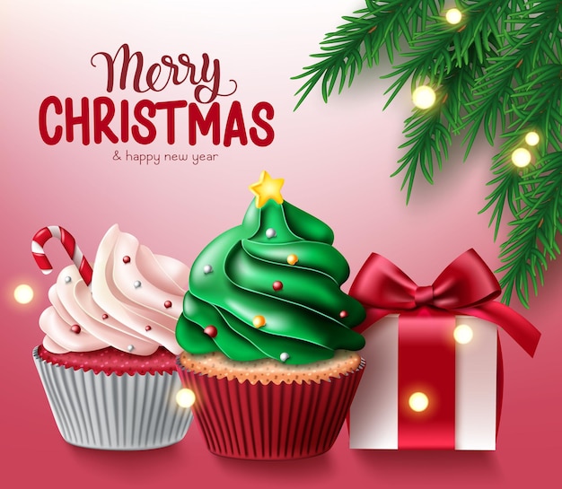 Diseño de fondo de vector de feliz navidad. texto de felicitación de feliz navidad con cup cake y regalo.