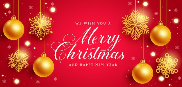 Diseño de fondo de vector de feliz navidad. Texto de saludo de feliz navidad con copos de nieve dorados.