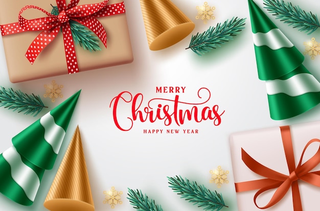 Diseño de fondo de vector de feliz Navidad Texto de saludo de Navidad con adornos como caja de regalo