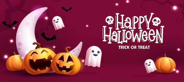 Diseño de fondo de vector de Halloween Texto de truco o trato de feliz halloween con lindo fantasma y calabazas