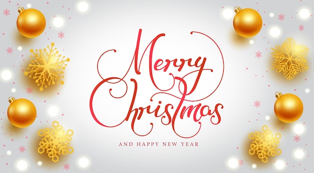 Diseño de fondo de vector de Navidad. Texto de saludo de feliz navidad con bola de navidad dorada y copos de nieve