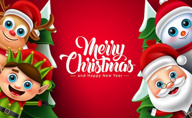 Diseño de fondo de vector de personajes de Navidad Texto de feliz Navidad con elfo de santa claus y renos