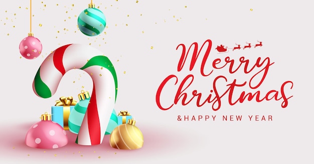 Diseño de fondo de vector de saludo de Navidad. Texto de feliz navidad con lindo bastón de caramelo, bolas.